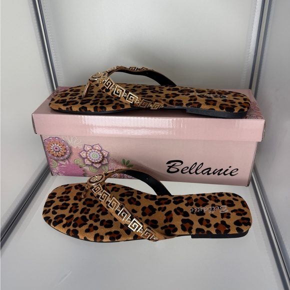 Leopard Print Womens Flip Flop Flat Sandals Brown/Gold Size 8 New - Picture 3 of 4